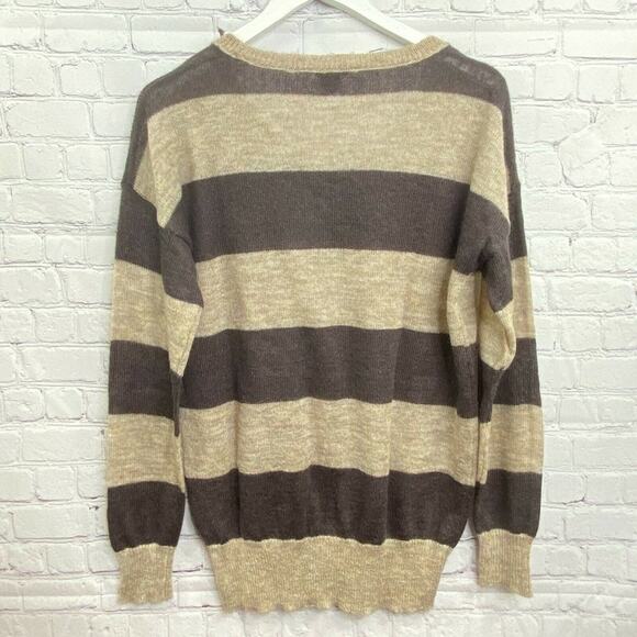 Club Monaco Mohair Blend Sweater Cream Brown Womans  M Wide Stripes Long Sleeve - Picture 6 of 7
